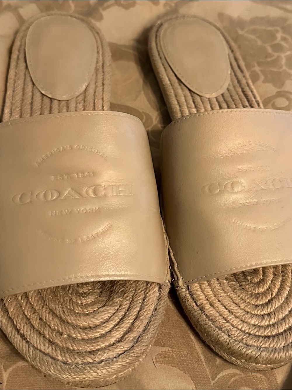 COACH Cream Leather Espadrille Slide Sandals
